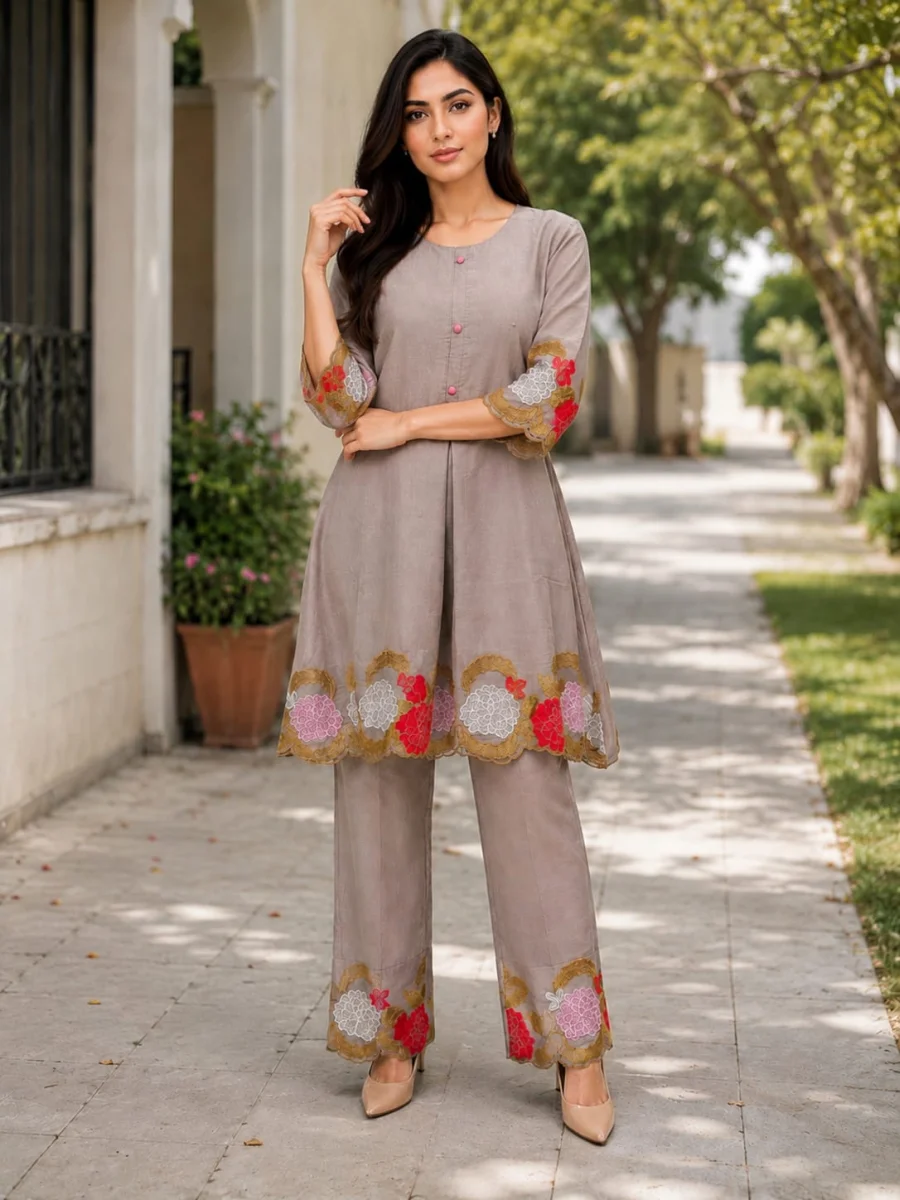 RICH LOOK MUL CHANDERI EMBROIDERY WORK CO-ORD SET DAILY WEAR WHOLESALE PRICE ETHNIC GARMENT (4)