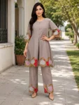 RICH LOOK MUL CHANDERI EMBROIDERY WORK CO-ORD SET GREY