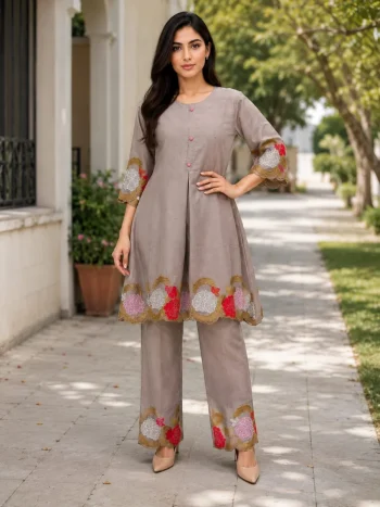RICH LOOK MUL CHANDERI EMBROIDERY WORK CO-ORD SET GREY