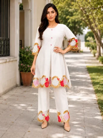 RICH LOOK MUL CHANDERI EMBROIDERY WORK CO-ORD SET OFF WHITE AND RED