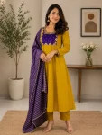 RICH LOOK MUL CHANDERI SEQUENCE CODING EMBROIDERY WORK TOP BOTTOM WITH DUPATTA YELLOW AND PURPLE