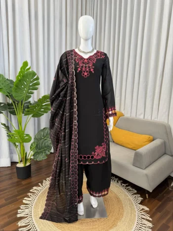 RICH LOOK MUL CHANDERI THREAD WITH SEQUENCE WORK TOP PATIYALA WITH DUPATTA BLACK