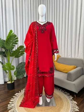 RICH LOOK MUL CHANDERI THREAD WITH SEQUENCE WORK TOP PATIYALA WITH DUPATTA RED