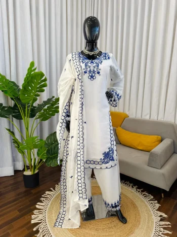 RICH LOOK MUL CHANDERI THREAD WITH SEQUENCE WORK TOP PATIYALA WITH DUPATTA BLUE AND WHITE