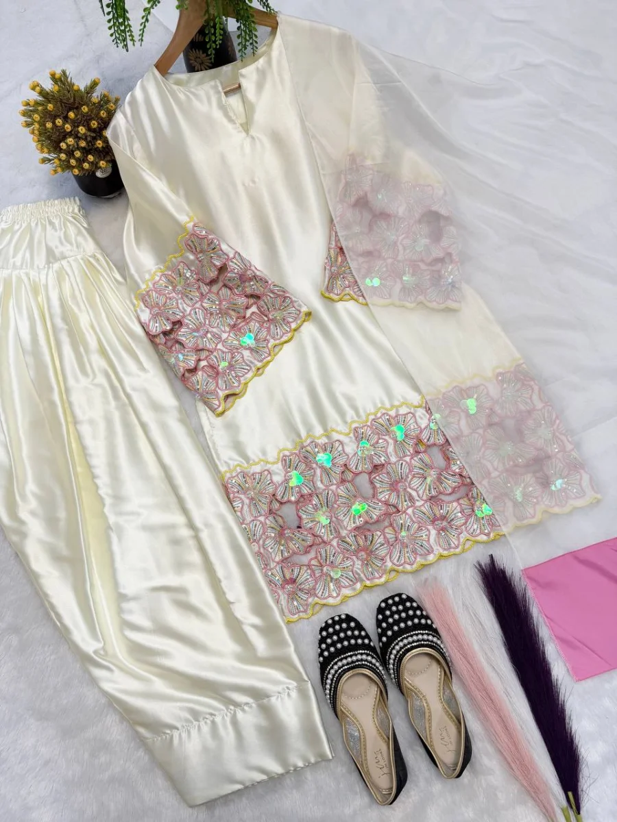 RICH LOOK NATURAL CREPE EMBROIDERY SEQUENCE MOTI HAND WORK MULTI NEEDLE WORK MOTHER DAUGHTER SET FESTIVE WEAR WHOLESALE PRICE ETHNIC GARMENT (18)