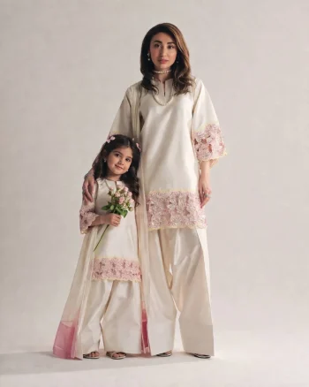 RICH LOOK NATURAL CREPE EMBROIDERY SEQUENCE MOTI HAND WORK MULTI NEEDLE WORK MOTHER DAUGHTER SET OFF WHITE
