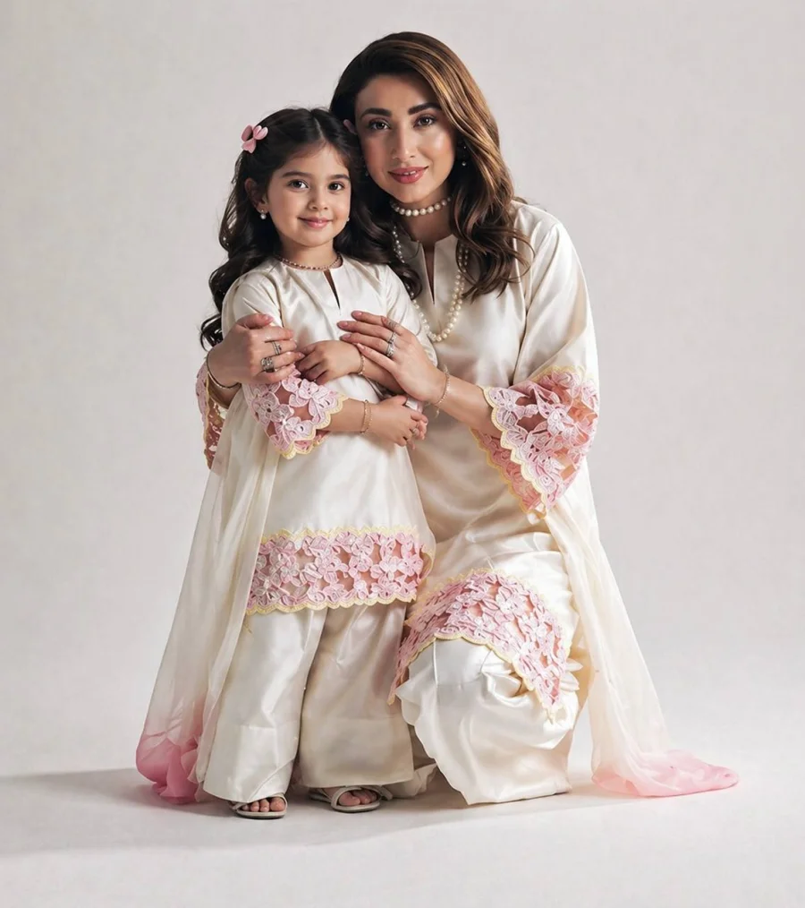 RICH LOOK NATURAL CREPE EMBROIDERY SEQUENCE MOTI HAND WORK MULTI NEEDLE WORK MOTHER DAUGHTER SET FESTIVE WEAR WHOLESALE PRICE ETHNIC GARMENT (4)