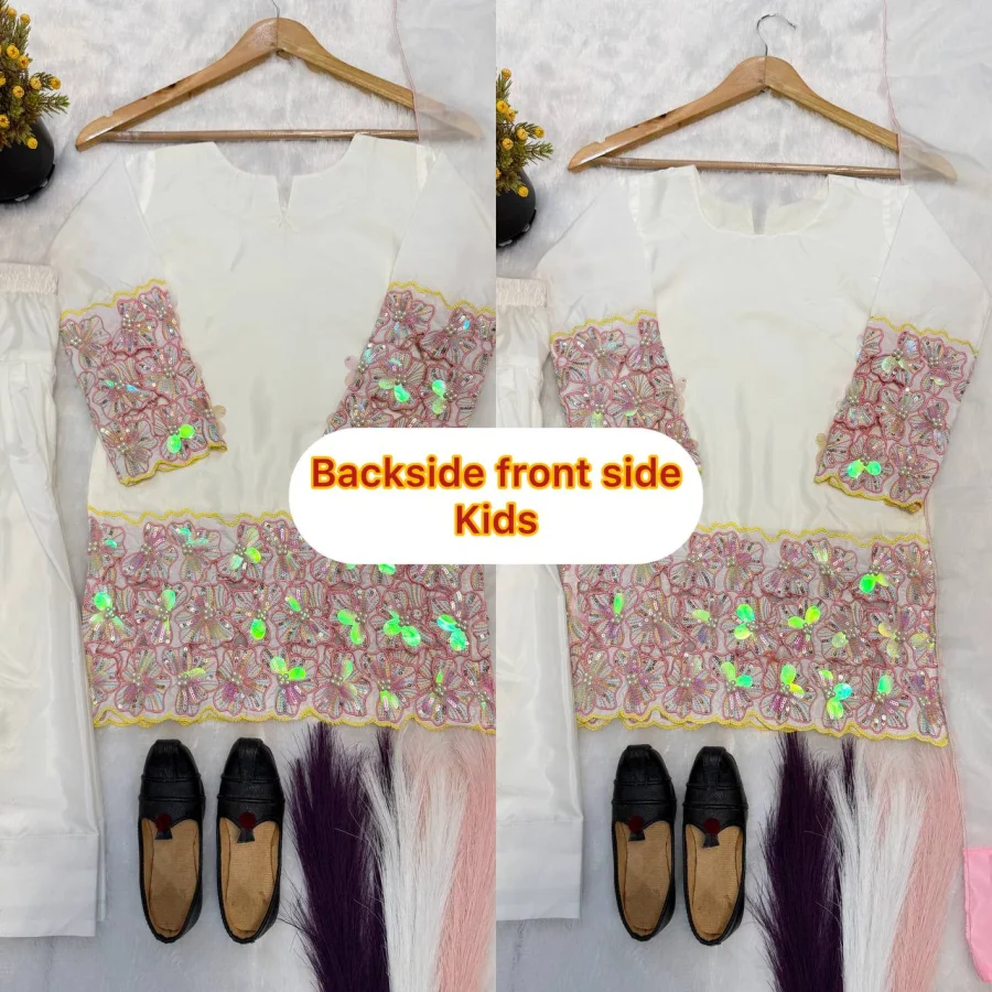 RICH LOOK NATURAL CREPE EMBROIDERY SEQUENCE MOTI HAND WORK MULTI NEEDLE WORK MOTHER DAUGHTER SET FESTIVE WEAR WHOLESALE PRICE ETHNIC GARMENT (9)