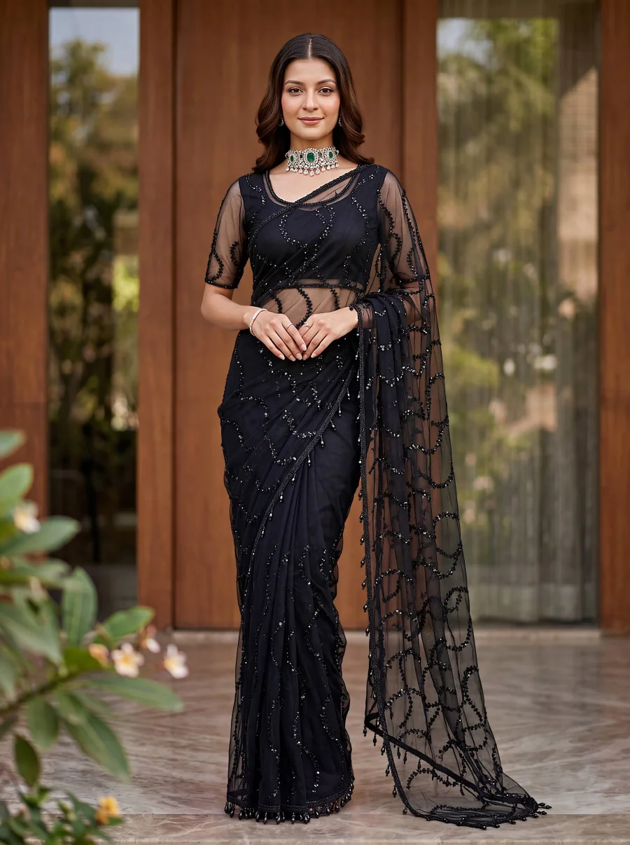 RICH LOOK NET BEADS ,SEQUENCE, PEARLS EMBROIDERY WORK SAREE WITH UNSTITCHED BLOUSE PARTY WEAR WHOLESALE PRICE ETHNIC GARMENT (1)