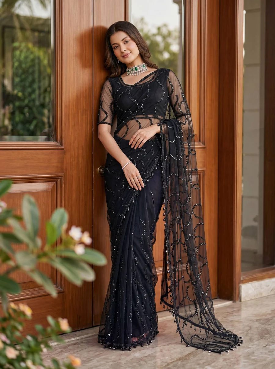RICH LOOK NET BEADS ,SEQUENCE, PEARLS EMBROIDERY WORK SAREE WITH UNSTITCHED BLOUSE PARTY WEAR WHOLESALE PRICE ETHNIC GARMENT (2)