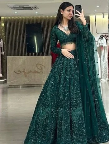 RICH LOOK NET DORI , SEQUENCE & THREAD WORK LEHENGA CHOLI WITH DUPATTA GREEN