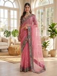 RICH LOOK ORGANZA SILK EMBROIDERY DESIGN WORK WITH EMBROIDERY LACE BORDER WORK SAREE WITH UNSTITCHED BLOUSE PARTY WEAR WHOLESALE PRICE ETHNIC GARMENT (2)