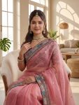RICH LOOK ORGANZA SILK EMBROIDERY DESIGN WORK WITH EMBROIDERY LACE BORDER WORK SAREE WITH UNSTITCHED BLOUSE PARTY WEAR WHOLESALE PRICE ETHNIC GARMENT (2)