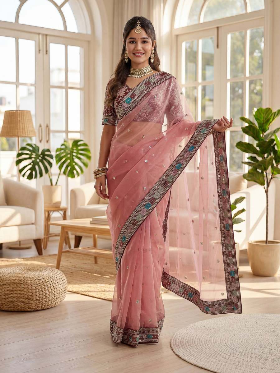 RICH LOOK ORGANZA SILK EMBROIDERY DESIGN WORK WITH EMBROIDERY LACE BORDER WORK SAREE WITH UNSTITCHED BLOUSE PARTY WEAR WHOLESALE PRICE ETHNIC GARMENT (5)