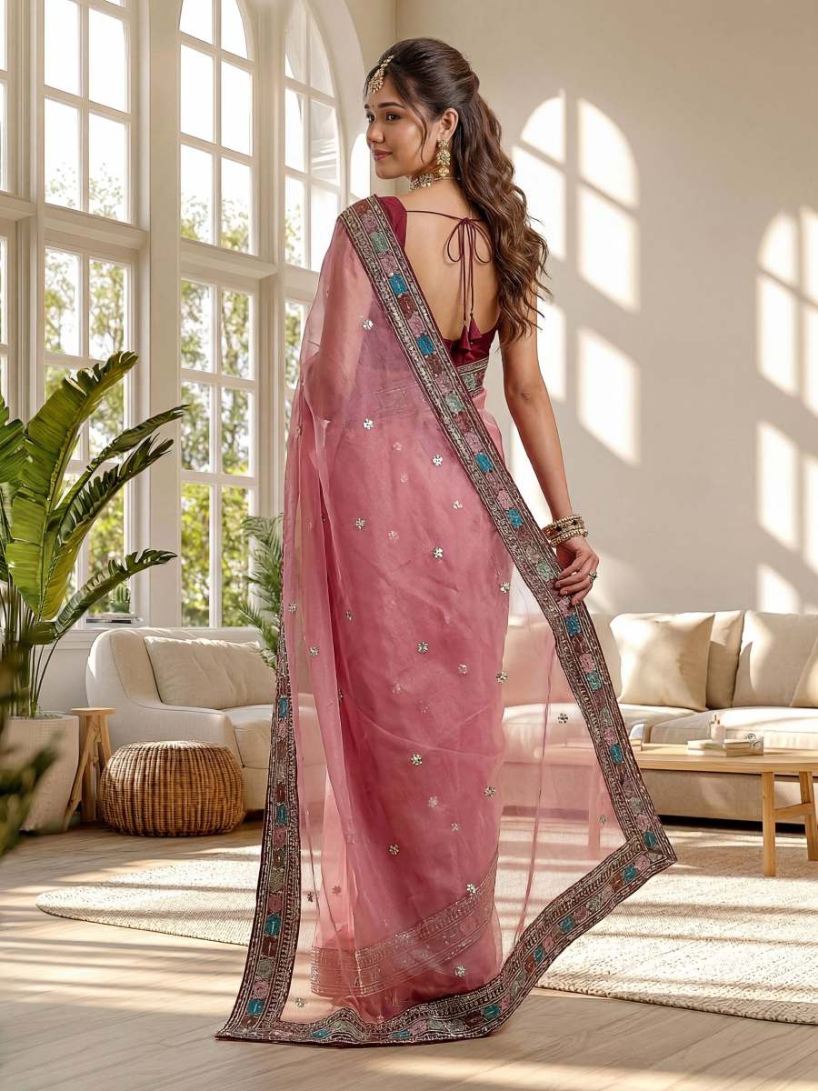 RICH LOOK ORGANZA SILK EMBROIDERY DESIGN WORK WITH EMBROIDERY LACE BORDER WORK SAREE WITH UNSTITCHED BLOUSE PARTY WEAR WHOLESALE PRICE ETHNIC GARMENT (6)