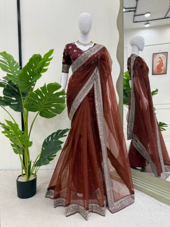 RICH LOOK ORGANZA SILK THREAD AND SEQUENCE WORK WITH LCD DIAMOND WORK SAREE WITH UNSTITCHED BLOUSE MAROON