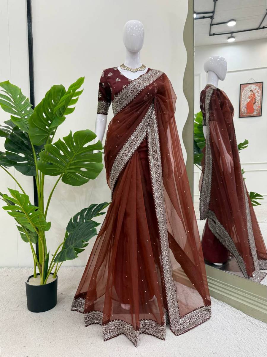 RICH LOOK ORGANZA SILK THREAD AND SEQUENCE WORK WITH LCD DIAMOND WORK SAREE WITH UNSTITCHED BLOUSE FESTIVE WEAR WHOLESALE PRICE ETHNIC GARMENT (1)