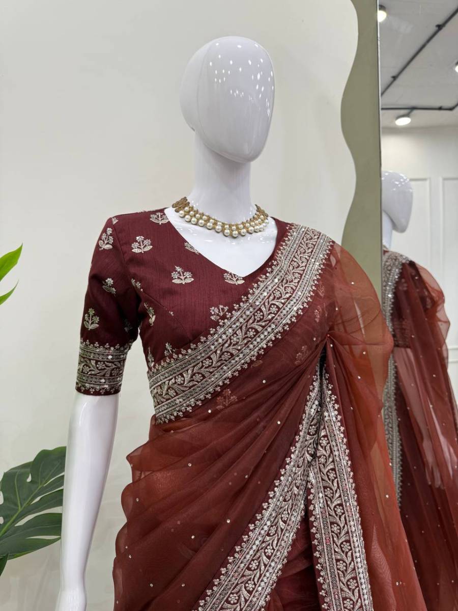 RICH LOOK ORGANZA SILK THREAD AND SEQUENCE WORK WITH LCD DIAMOND WORK SAREE WITH UNSTITCHED BLOUSE FESTIVE WEAR WHOLESALE PRICE ETHNIC GARMENT (2)