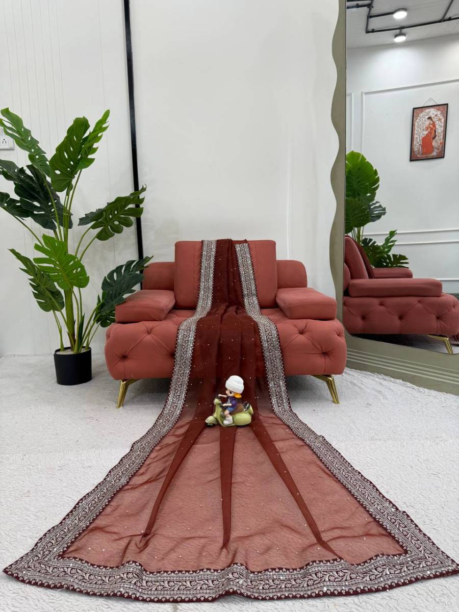 RICH LOOK ORGANZA SILK THREAD AND SEQUENCE WORK WITH LCD DIAMOND WORK SAREE WITH UNSTITCHED BLOUSE FESTIVE WEAR WHOLESALE PRICE ETHNIC GARMENT (3)