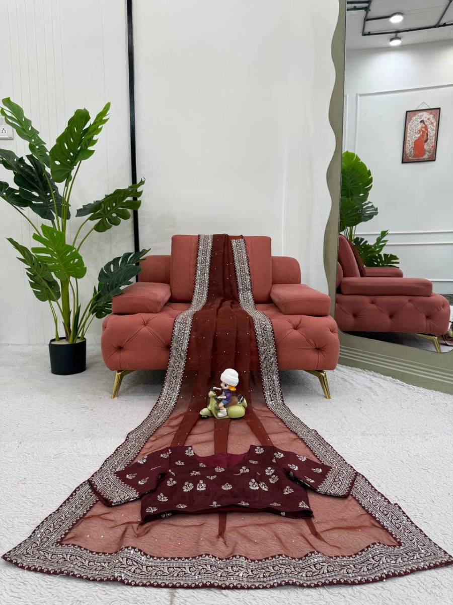 RICH LOOK ORGANZA SILK THREAD AND SEQUENCE WORK WITH LCD DIAMOND WORK SAREE WITH UNSTITCHED BLOUSE FESTIVE WEAR WHOLESALE PRICE ETHNIC GARMENT (4)