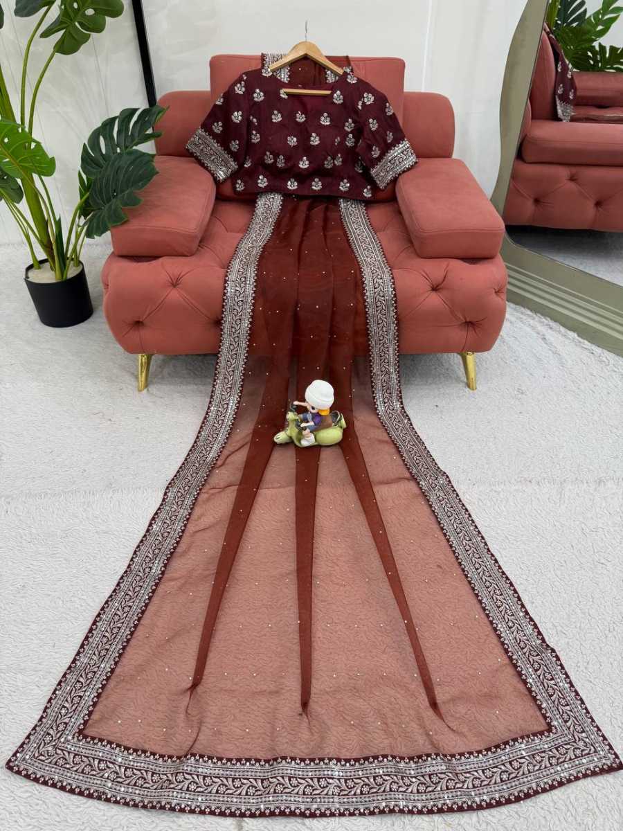RICH LOOK ORGANZA SILK THREAD AND SEQUENCE WORK WITH LCD DIAMOND WORK SAREE WITH UNSTITCHED BLOUSE FESTIVE WEAR WHOLESALE PRICE ETHNIC GARMENT (8)