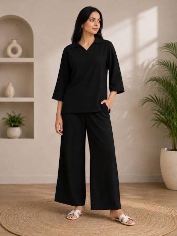 RICH LOOK POLYESTER CRUSH PLAIN CO-ORD SET BLACK