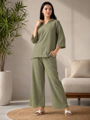 RICH LOOK POLYESTER CRUSH PLAIN CO-ORD SET PISTA