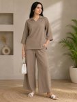 RICH LOOK POLYESTER CRUSH PLAIN CO-ORD SET CREAM