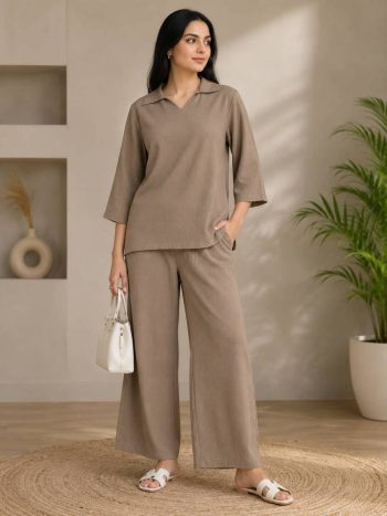 RICH LOOK POLYESTER CRUSH PLAIN CO-ORD SET CREAM