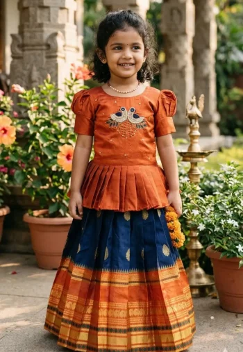 RICH LOOK PURE MONO HAND  WORK KID'S TOP LEHENGA ORANGE AND NAVY BLUE