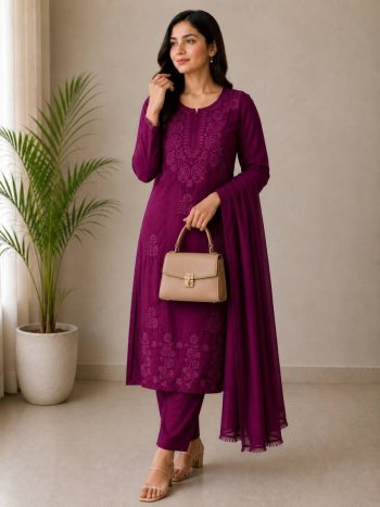 RICH LOOK RAYON COTTON EMBROIDERY WORK TOP BOTTOM WITH DUPATTA PURPLE
