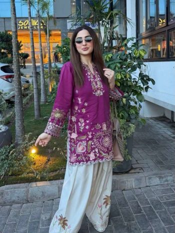 RICH LOOK RAYON COTTON THREAD EMBROIDERY WORK TOP PATIYALA SET PURPLE