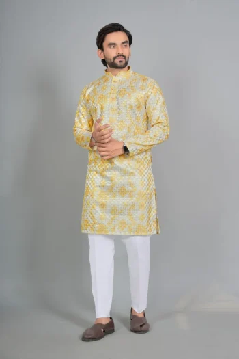 RICH LOOK RAYON  DIGITAL PRINT WORK MEN'S KURTA PAYJAMA YELLOW