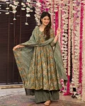 RICH LOOK RAYON SLUB PRINTED WORK GOWN BOTTOM WITH DUPATTA MINT
