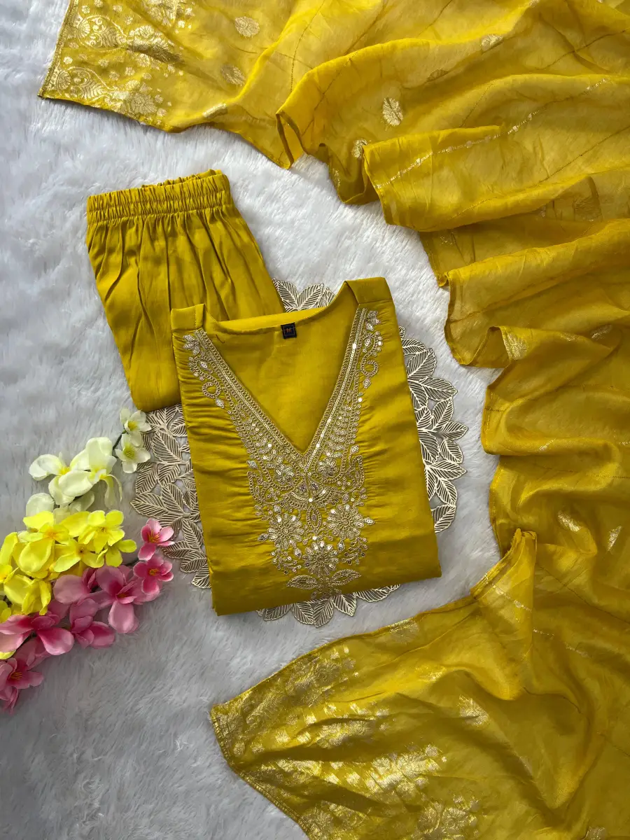RICH LOOK ROMAN SILK EMBROIDERY WITH SEQUENCE WORK TOP BOTTOM WITH DUPATTA FESTIVE WEAR WHOLESALE PRICE ETHNIC GARMENT (9)