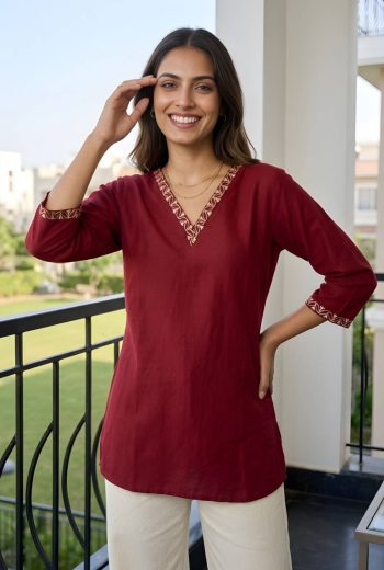 RICH LOOK ROMAN SILK EMBROIDERY WORK ONLY TOP MAROON