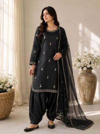 RICH LOOK SATIN SEQUENCE EMBROIDERY WORK TOP PATIYALA WITH DUPATTA BLACK