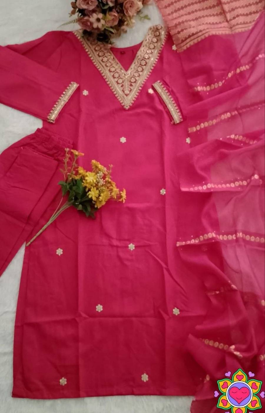 RICH LOOK SLUB COTTON CUT PASTE EMBROIDERY WORK TOP BOTTOM WITH DUPATTA FESTIVE WEAR WHOLESALE PRICE ETHNIC GARMENT (9)