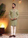 RICH LOOK STAR SILK EMBROIDERY SEQUENCE WORK MENS KURTA PAYJAMA SET LEMON