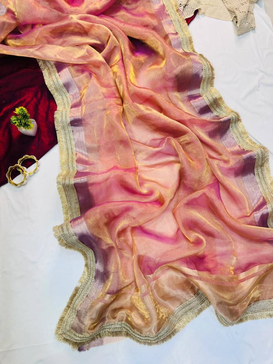 RICH LOOK TISSUE SILK TWO TONE SHADED WITH FANCY LACE BORDER WORK SAREE WITH UNSTITCHED BLOUSE PARTY WEAR WHOLESALE PRICE ETHNIC GARMENT (20)