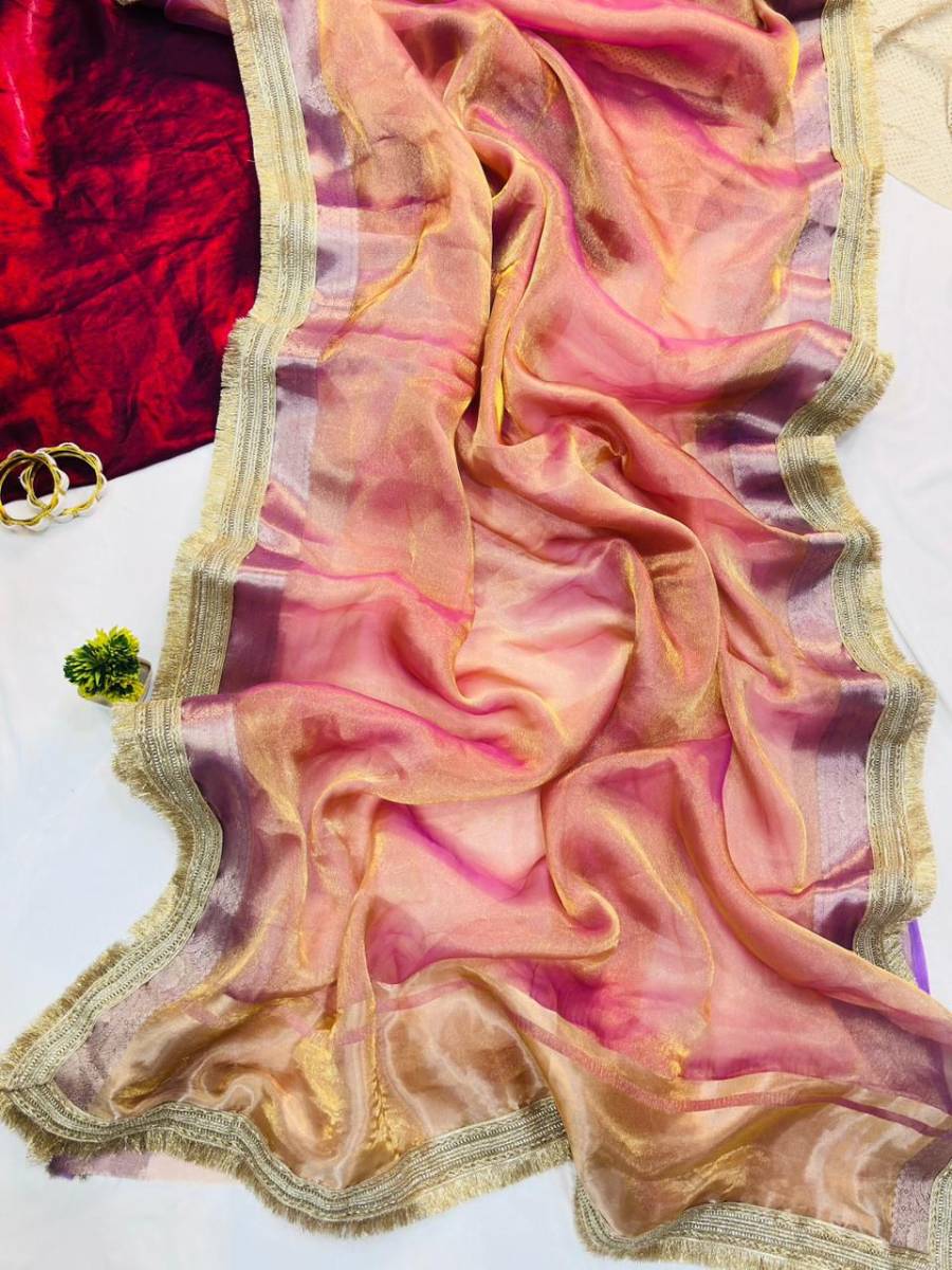 RICH LOOK TISSUE SILK TWO TONE SHADED WITH FANCY LACE BORDER WORK SAREE WITH UNSTITCHED BLOUSE PARTY WEAR WHOLESALE PRICE ETHNIC GARMENT (27)