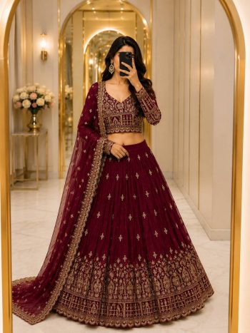 RICH LOOK VICHITRA SILK SEQUENCE AND THREAD EMBROIDERY WORK  LEHENGA CHOLI WITH DUPATTA MAROON