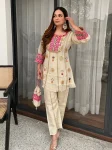 TRADITIONAL COSMOSS SILK REAL MIRROR AND SEQUENCE EMBROIDERY WORK CO-ORD SET OFF WHITE