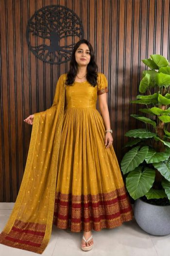 TRADITIONAL COTTON SILK ZARI WEAVING BUTTI WORK GOWN WITH DUPATTA YELLOW