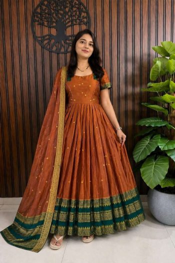 TRADITIONAL COTTON SILK ZARI WEAVING BUTTI WORK GOWN WITH DUPATTA ORANGE