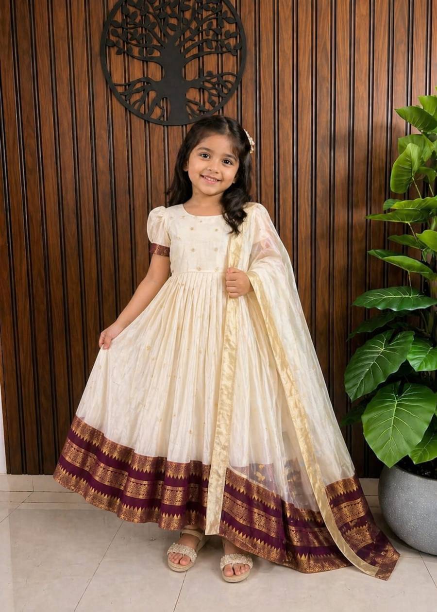 TRADITIONAL COTTON SILK ZARI WEAVING BUTTI WORK KID'S GOWN WITH DUPATTA FESTIVE WEAR WHOLESALE PRICE ETHNIC GARMENT (3)