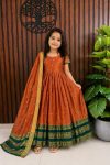 TRADITIONAL COTTON SILK ZARI WEAVING BUTTI WORK KID'S GOWN WITH DUPATTA ORANGE