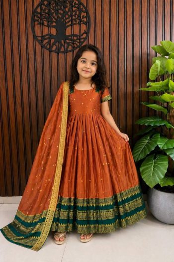 TRADITIONAL COTTON SILK ZARI WEAVING BUTTI WORK KID'S GOWN WITH DUPATTA ORANGE
