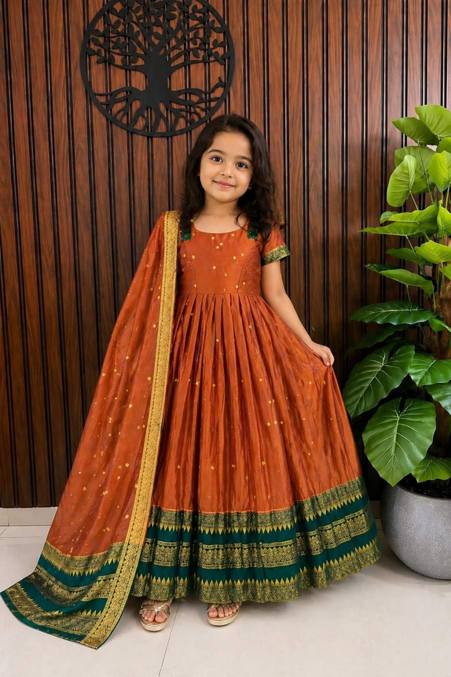 TRADITIONAL COTTON SILK ZARI WEAVING BUTTI WORK KID'S GOWN WITH DUPATTA FESTIVE WEAR WHOLESALE PRICE ETHNIC GARMENT (4)