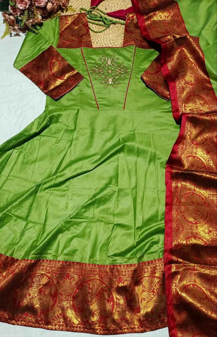 TRADITIONAL KANCHI COTTON ZARI KANCHI BORDER WORK GOWN WITH DUPATTA WEDDING WEAR WHOLESALE PRICE ETHNIC GARMENT (10)